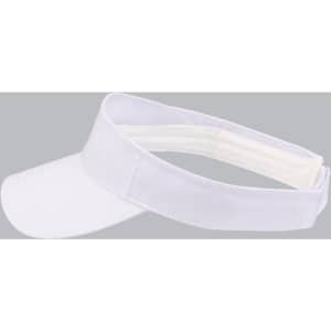A white visor with a wide brim and a contrasting band. The design includes a logo.