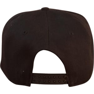 A black snapback cap featuring a textured fabric and an adjustable strap at the back.