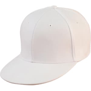 A white snapback cap featuring six panels and a curved brim, with ventilation holes and a logo.