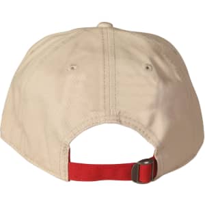 A beige cap with a red strap at the back and a logo.