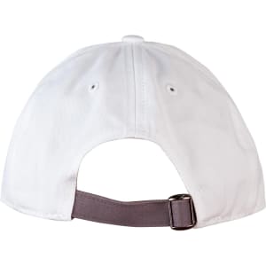 A white cap featuring a grey adjustable strap at the back and ventilation eyelets. It has a branding logo.