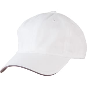A white cap with a contrast colour brim and ventilation holes, featuring a logo on the side.