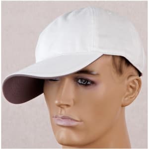 A white cap with a dark brown underpeak, featuring a logo on the front.