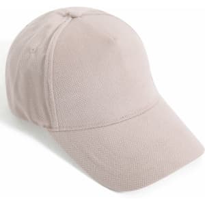 A light beige jacquard texture 5-panel cap with a curved brim and a branded logo.
