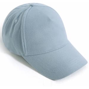 A light blue 5-panel cap with a jacquard texture featuring a logo on the side.