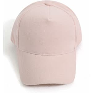 A pale pink 5-panel cap featuring a jacquard texture and a branded logo on the front.