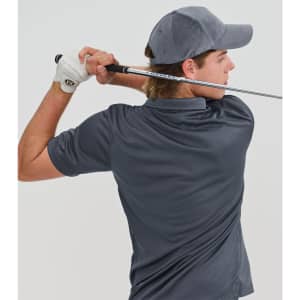 A grey Jacquard Texture 5 Panel Cap worn by a golfer, with a golf club in hand, viewed from behind.