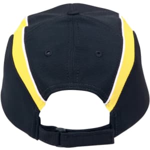 A black cap with yellow and white accents on the back and an adjustable strap. It features a logo.