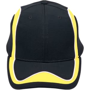 A black cap with yellow and white accents, featuring a logo on the front.