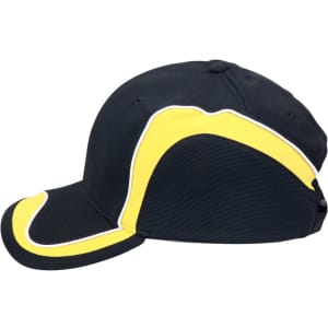A black cap with yellow accents and a curved design, featuring a logo on the side.