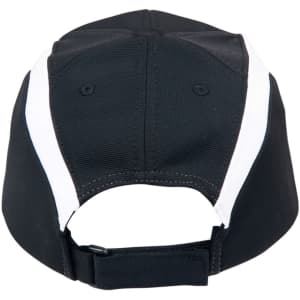 A black and white cap with a rear adjustable strap and logo branding.
