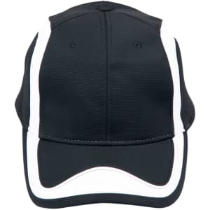 A black cap with white accents and a logo, featuring a structured design and curved brim.