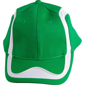 A green cap with white accents and a curved peak, featuring a logo on the front.