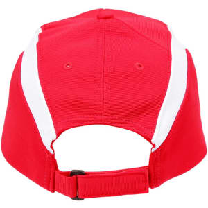 A red cap with white panels and an adjustable strap at the back. It features a branding logo.