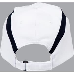 A white cap with navy accents at the back, featuring an adjustable strap and branding.