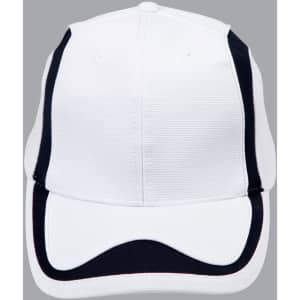 A white cap with navy accents and a logo on the front. The design features a curved brim and a structured fit.