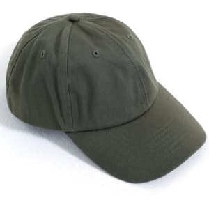 An olive green cotton twill unstructured cap with a curved brim and ventilation holes. Features a logo.
