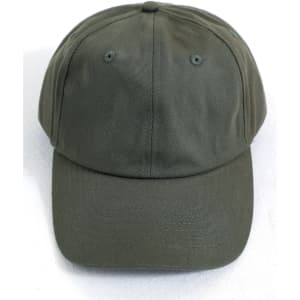 A cotton twill unstructured cap in olive green with an adjustable strap and a logo on the front.