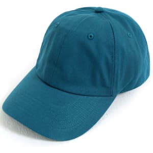 A cotton twill unstructured cap in teal with an adjustable strap and a logo on the front.