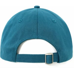A teal cotton twill unstructured cap with a rear strap and a logo on the back.