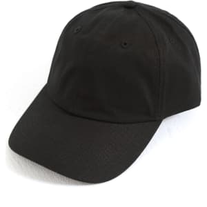 A black cotton twill unstructured cap with a rounded crown and a curved brim, featuring a logo.