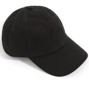 A black unstructured cotton twill cap with a curved peak and ventilation eyelets. It has a logo on the side.
