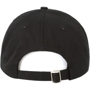 A black cotton twill unstructured cap featuring a back strap and an adjustable buckle. It has a logo on the side.