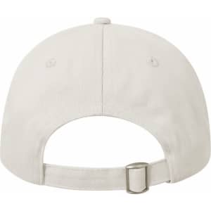 A cotton twill unstructured cap in cream, featuring a rear adjustable strap and a logo on the back.
