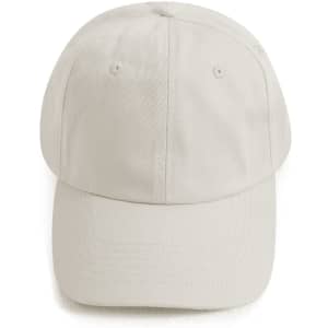A light beige unstructured cotton twill cap with a curved brim and an adjustable strap at the back.