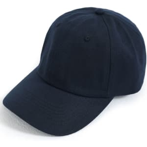 A navy blue cotton twill unstructured cap with a curved brim and ventilation eyelets, featuring a logo.