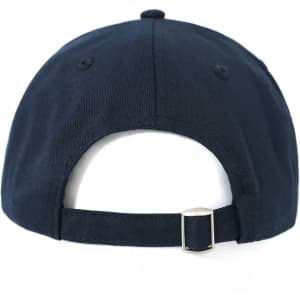 A navy unstructured cotton twill cap featuring a metal buckle closure and ventilation eyelets.