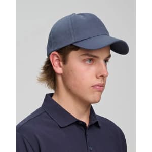 A cotton twill unstructured cap in navy blue, featuring a rounded peak and a logo on the front.