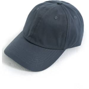 A grey cotton twill unstructured cap with a curved brim and six-panel design, featuring a logo.
