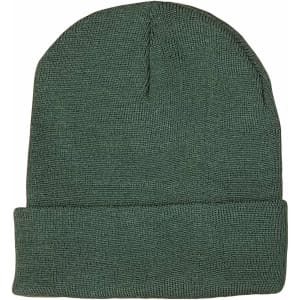 A green beanie with a textured pattern and a folded cuff, featuring a logo on the side.