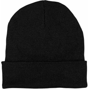 A black beanie with a folded brim, made from rPET material, featuring a branding logo.