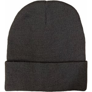 A dark grey beanie with a rolled cuff, made from rPET fabric, featuring a small logo.