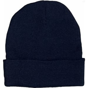 A navy beanie hat with a rolled cuff, made from rPET material, featuring a logo on the side.