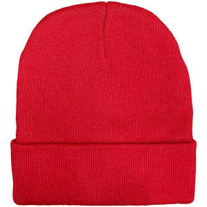 A red beanie with a ribbed texture and a rolled cuff, featuring a logo on the side.