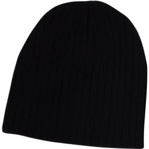 A black cable knit beanie featuring a ribbed texture and a simple design, with a logo present.