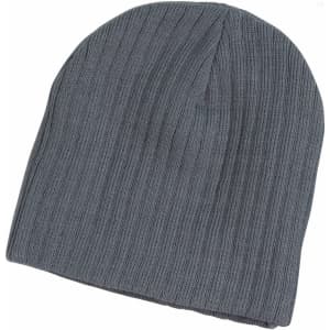 A cable knit beanie in a dark grey colour, featuring a ribbed texture and a logo on the side.