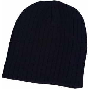 A navy cable knit beanie with a ribbed texture, featuring a logo on one side.