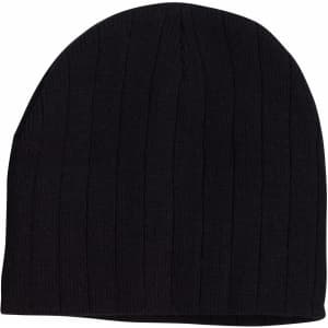 A black cable knit beanie featuring a fleece headband, showing a textured design and a snug fit.