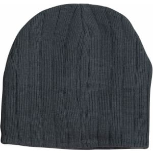 A dark grey cable knit beanie featuring a fleece headband, showcasing a textured ribbed design and a logo.