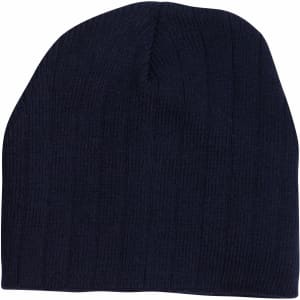 A dark navy cable knit beanie featuring a soft fleece headband. The beanie has a simple, textured design.