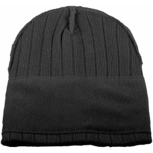 A cream cable knit beanie featuring a fleece headband, with a textured design and a logo.
