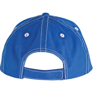 A blue cap with a contrast trim and an adjustable back strap, featuring ventilation eyelets.