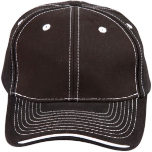 A black cotton twill cap with white contrast stitching and a logo on the front.