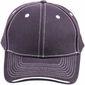 A dark grey cap with contrast stitching, featuring a curved brim and an adjustable strap. It has a logo.