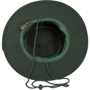 A green brim hat with an adjustable chin strap and a solid interior. It features a logo inside the crown.