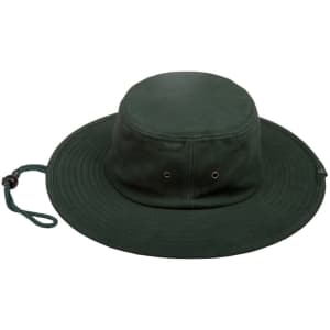 A green brimmed bucket hat with a chin strap and ventilation holes on the sides.